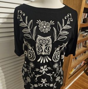Johnny Was Large Black and White Owl Embroidered Women's Top $148